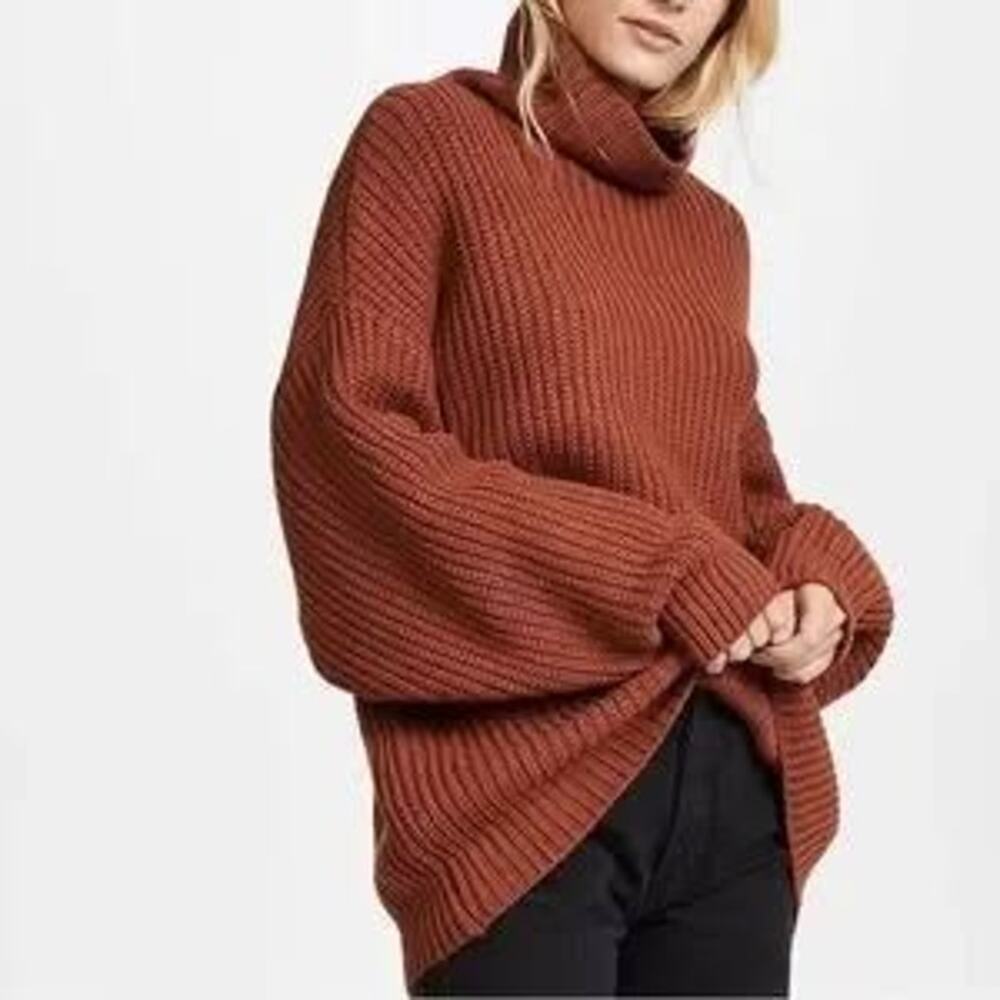 Free People Rust Swim Too Deep Oversized Cotton Blend Knit Turtleneck Sweater - Picture 3 of 12